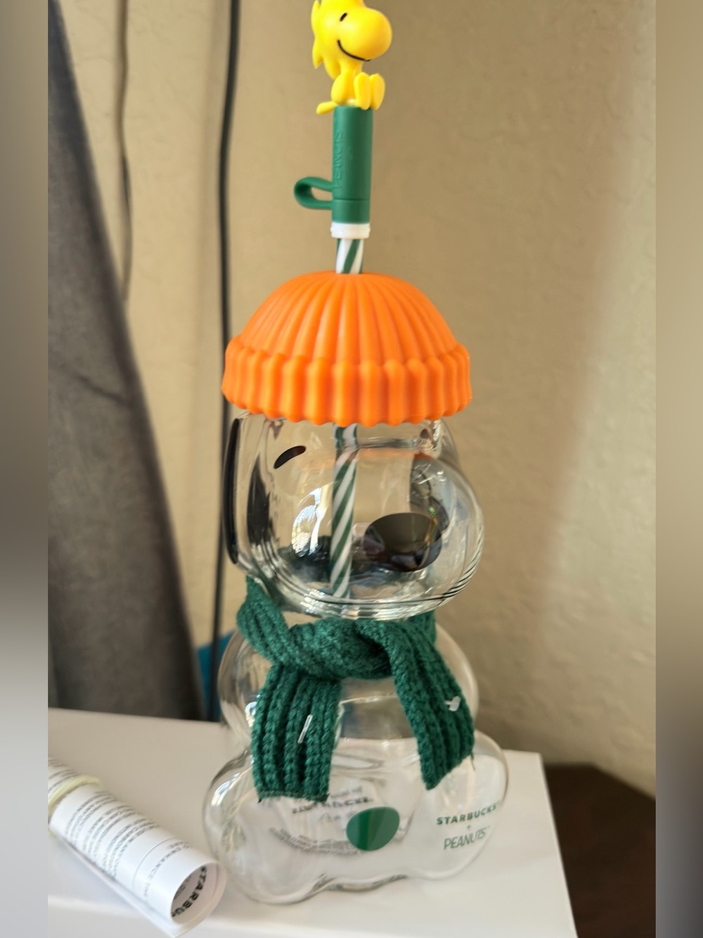 Peanuts Snoopy Glass Bottle with Orange Cap and Green Scarf